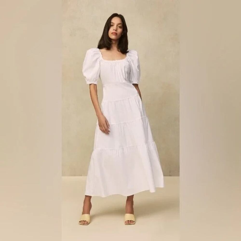 Pearl by Lela Rose Womens White Puff Sleeve Tiered Midi Dress Elegant Fit Size S